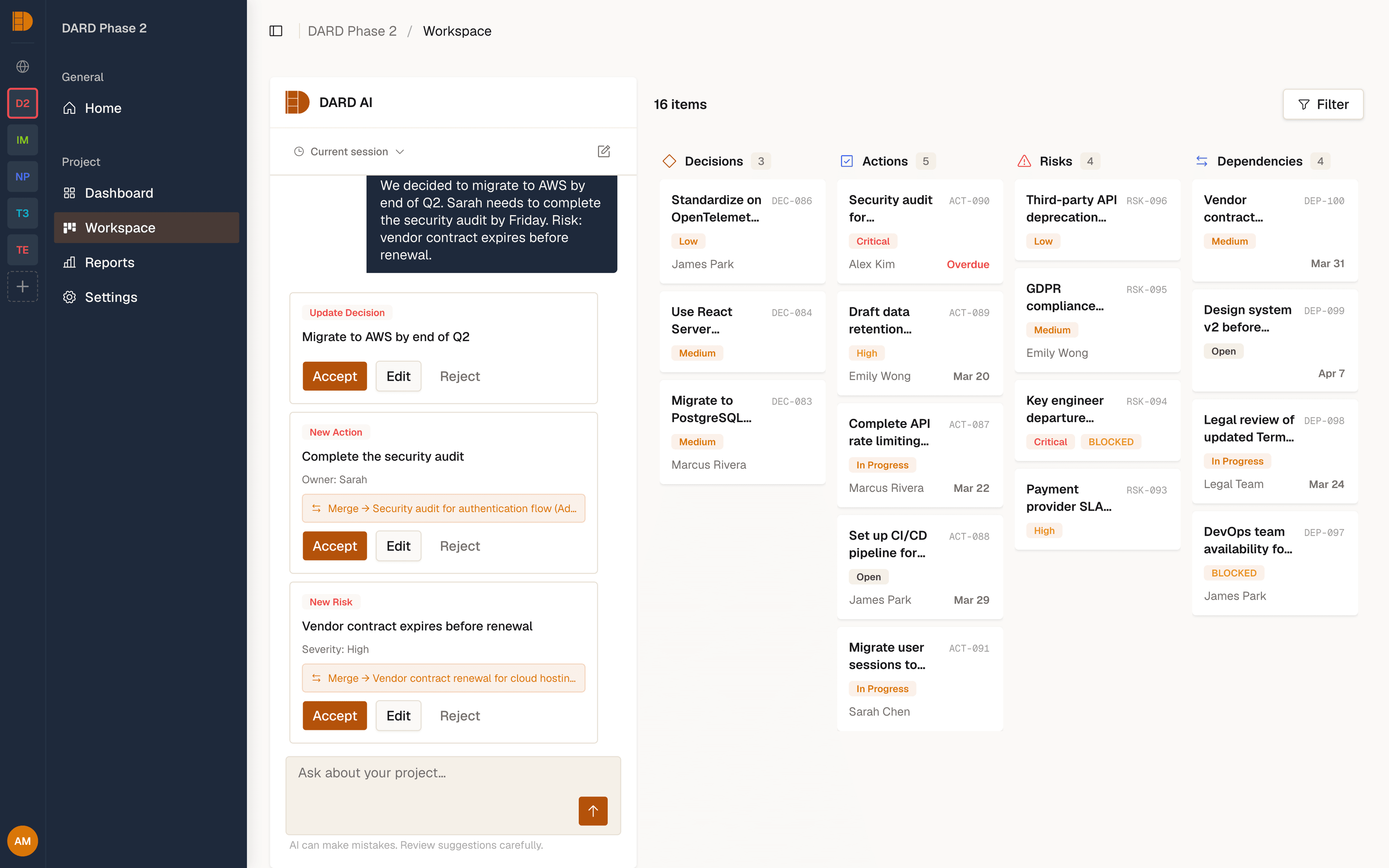 DARD workspace showing project decisions, actions, risks, and dependencies
