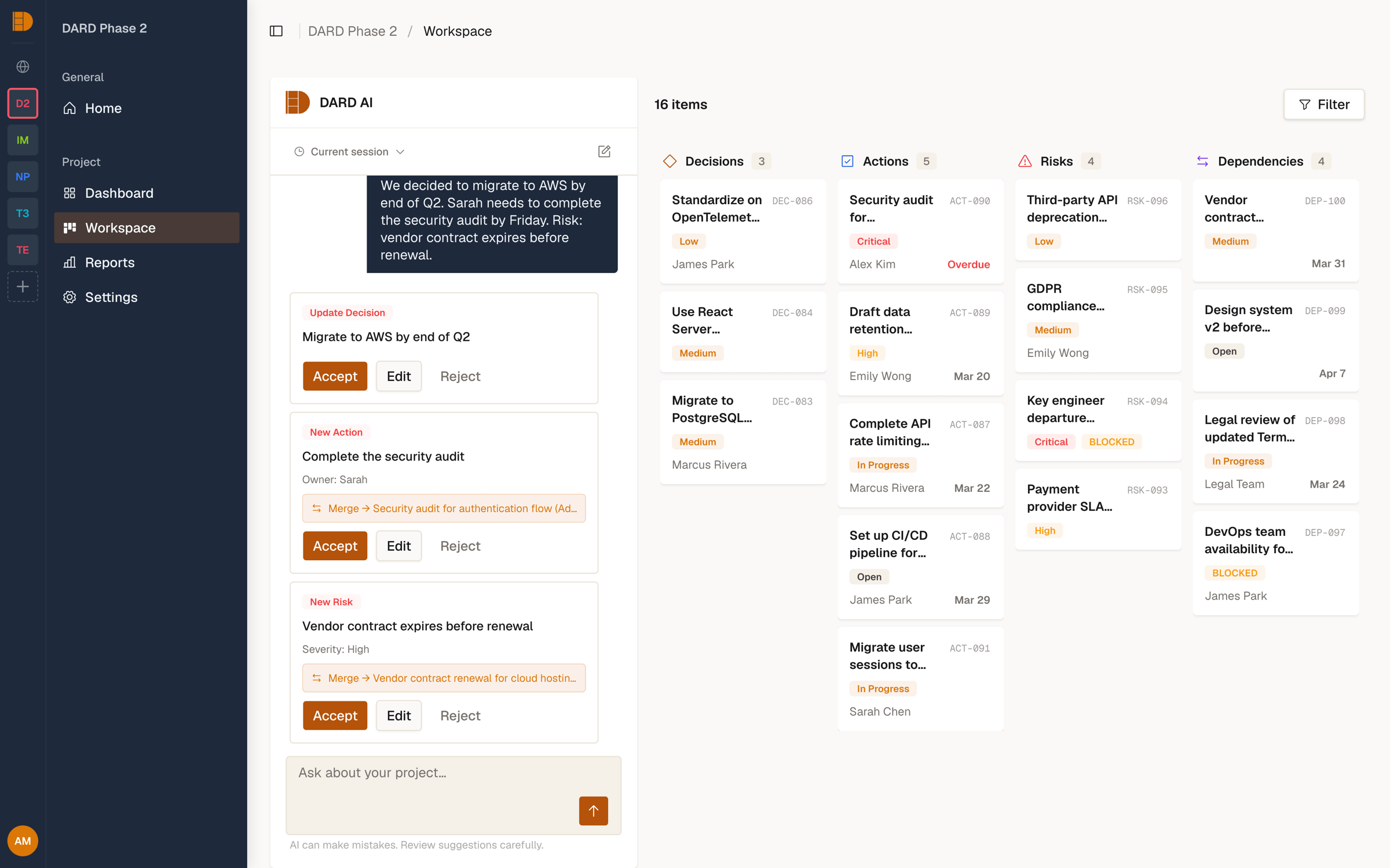 DARD workspace showing project decisions, actions, risks, and dependencies